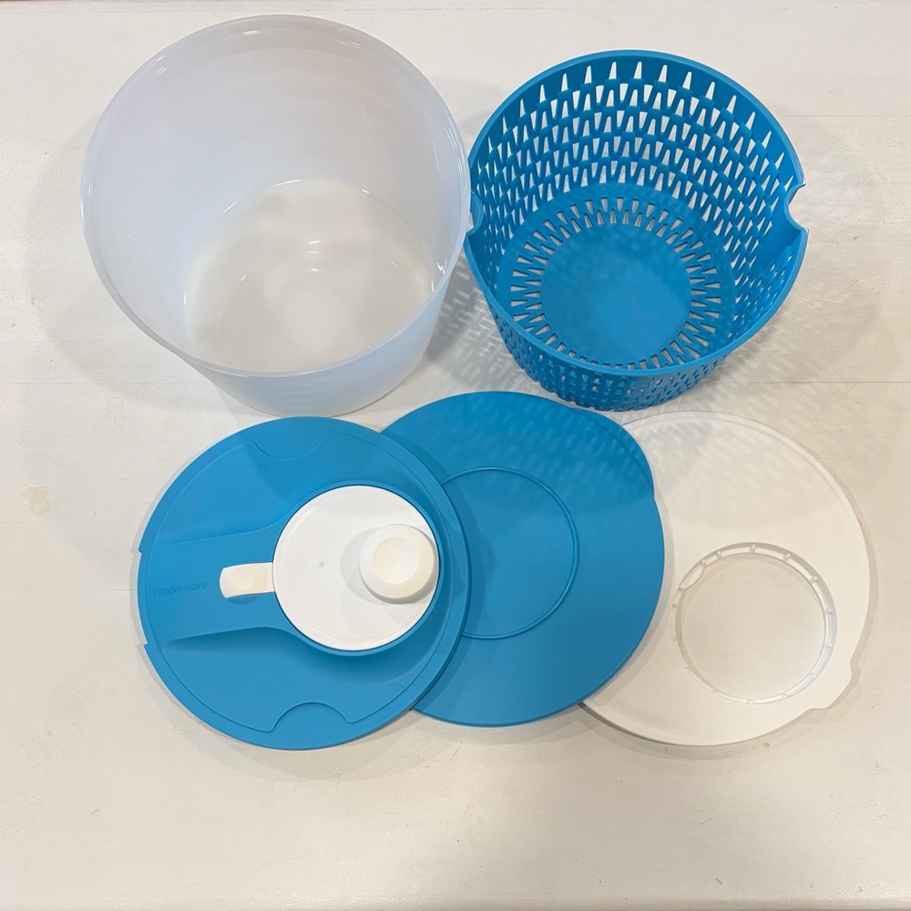 New Tupperware Blue and White Salad Spinner and Accessories